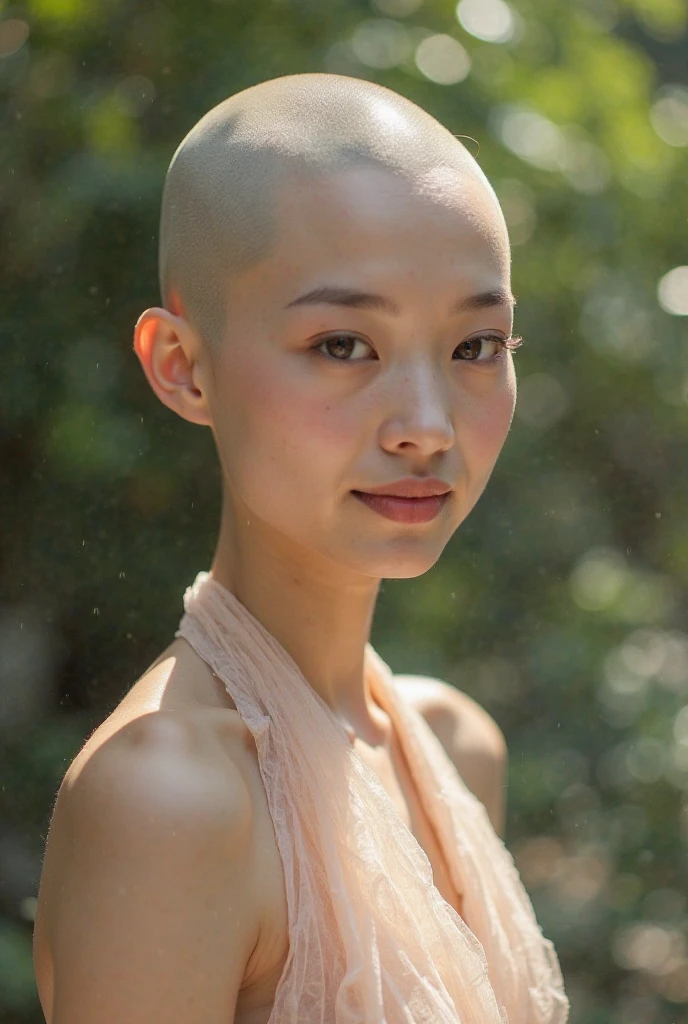 (breast squeeze:1.3), Photo realistic, High resolution, detailed background, detailed beautiful skin, detailed nose, (solo shot:1.23), (((nice hand, perfect hand))), clear eyes,// japanese lady, pale skin// ((skinhead)), ((facing viewer))