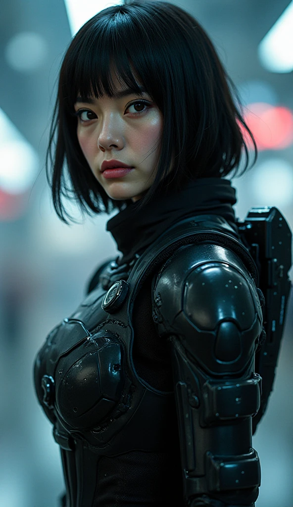 Mature Japanese woman, 40 years old, undercut, streight face showing no emotion, thin lips, looking into camera, sci-fi armor, standing streight, frontal view, highly detailed face, high resolution, no make-up, photorealistic