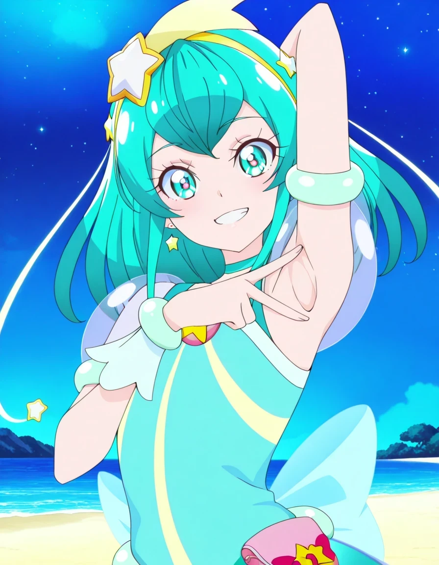 curemilky, anime screencap, high quality, closed mouth, solo, upper body, night sky, beach, hand behind head, v, spread armpit, presenting armpit, ((contrapposto)), looking at viewer, grin, best quality,
