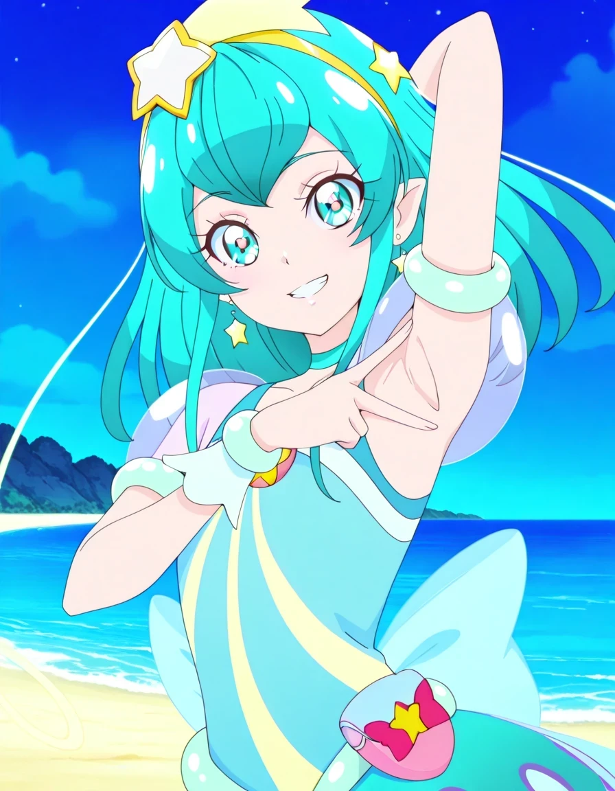 curemilky, anime screencap, high quality, closed mouth, solo, upper body, night sky, beach, hand behind head, v, spread armpit, presenting armpit, ((contrapposto)), looking at viewer, grin, best quality,