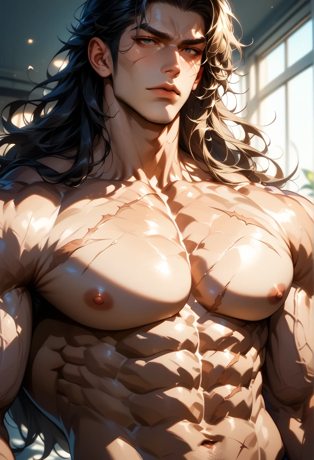 gay male model photos, sport, age 22, tilt, beefy,  short detailed hair,  Focus sharp, Digital SLR, Super quality,8k ultra high definition, high detal, ultra real photo,  , ((Realistic skin), ((pores)), ((high detal皮肤)), volumettic light, groin, (absurderes, A high resolution, Ultra detailed, hdr), Men&#39;s upper body，Masterpiece, Best quality, Detailed face，Handsome, short detailed hair, finely eye and detailed face, Light smile, full bodyesbian, White and gray hair color,Topless, Open legs，Standing，（anatomy correct），Have the perfect figure，Huge bulge，Abs，chest muscle， [ A well-defined body ]，Place your hands behind your head，White transparent low waist，