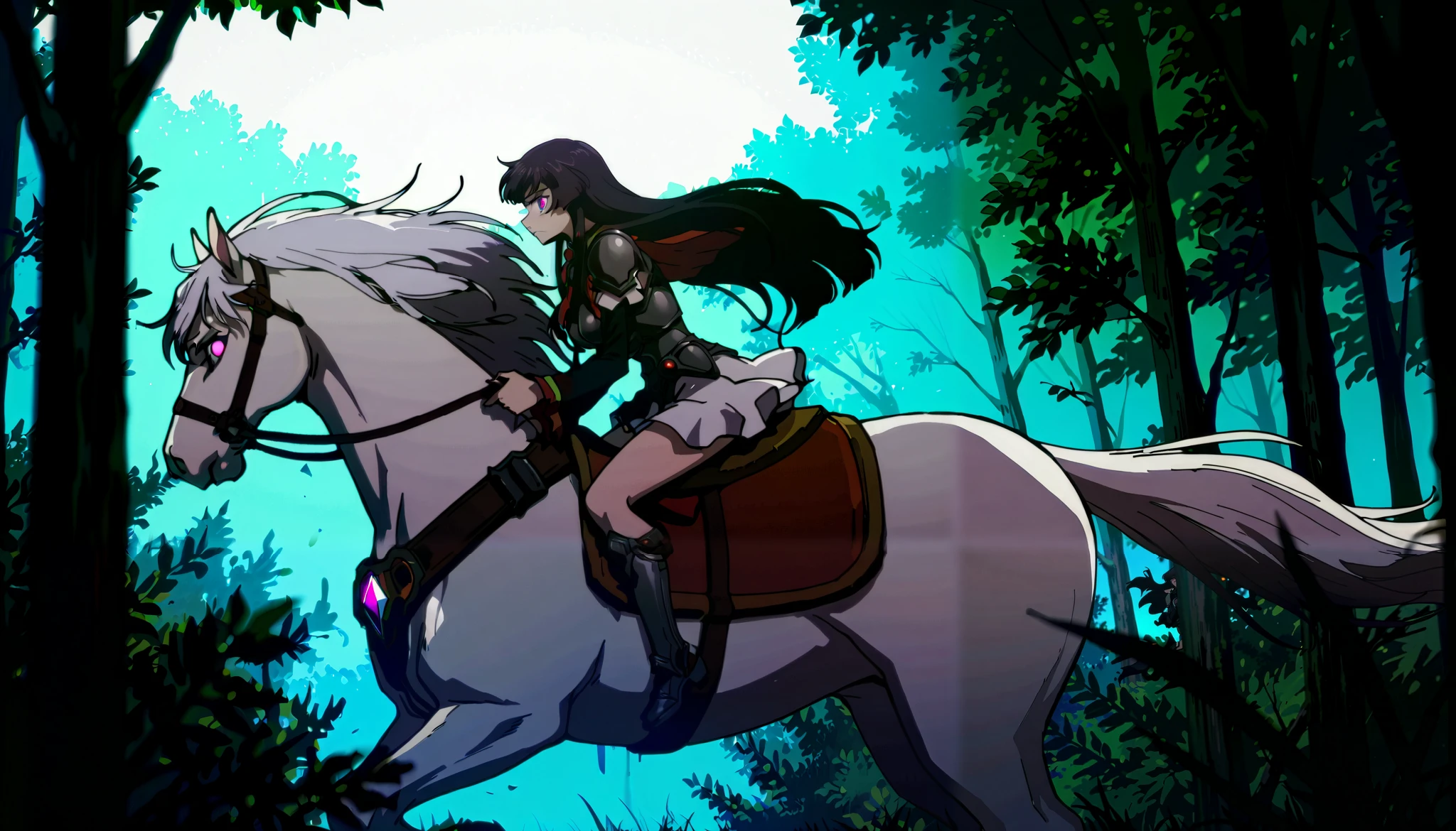(masterpiece:1.3), (8K, best quality:1.3),, Highest image quality, intricate details, high resolution, depth field, Natural light, professional lighting, anime coloring, from side,
BREAK, 
kisyu, riding, large horse, both hand holding rein, (a female knight riding a horse in forest city ruins full of moses, (((
kjosakuya, pink eyes, hime cut, long hair, {black hair}, medium breast]), (silver armor, silver shoulder pads, black sleeves, white miniskirt, gauntlet, gloves, bare legs, silver greaves)), ([white horse:1.2, white mane, long mane, white eyes, white tail, saddle, reins, bridle, stirrups, running), BREAK (forest, city ruins, walls covered with green moses, moses, fantasy settings:1, daylight), BREAK solo, anatomically correct