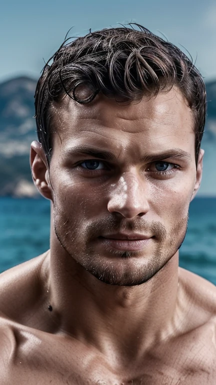 masculine Jamie Dornan hairy body, pubic hair, wet body and face by ice, Attitude magazine cover concept
