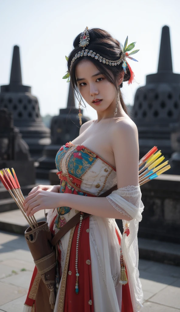 sexy beautiful woman in a corset, Ancient Chinese scenery, mountains, rivers, auspicious clouds, sunshine, masterpieces, super detail, epic composition, ultra HD, high quality, extremely detailed, official art, unified 8k wallpaper, Super detail, 32k -- v 6