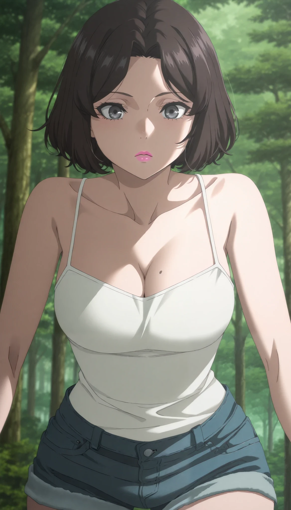 Masterpiece, best quality, source_anime, anime screencap, anime coloring, anime screencap,1girl,black hair, black eyes, short hair, brown hair, parted bangs, pink lips, grey eyes
white camisole, cleavage, (mole on breast:0.8), short shorts, denim shorts, forest background, trees