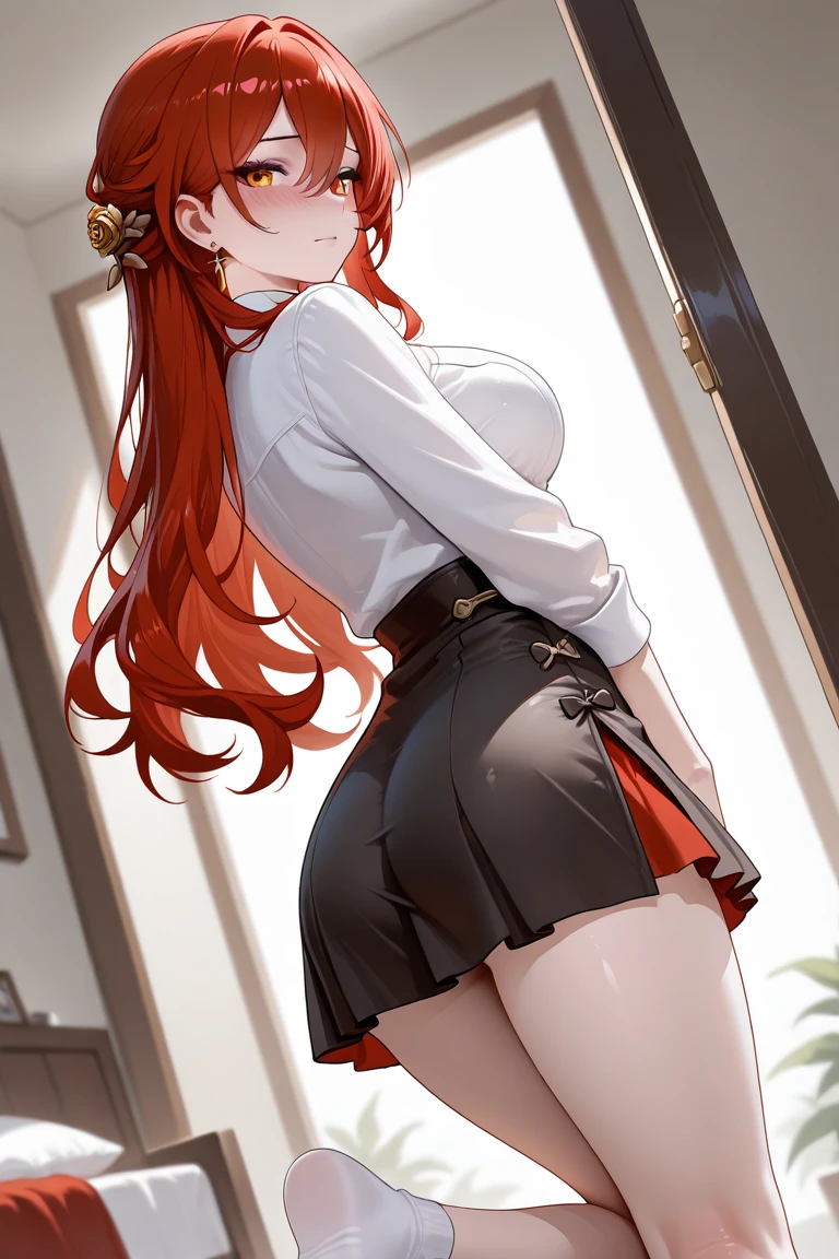 masterpiece,best quality,ultra high res,dark skinned African girl,(fractal art:1.3),deep shadow,dark theme,POV: ((((Huge gigantic ass)))) red hair, school girl uniform and school girl skirt, lace panties, looking back at the viewer, slim thick, small waist, 8k, UHD, (curvy accentuated and lifted booty), school classroom background