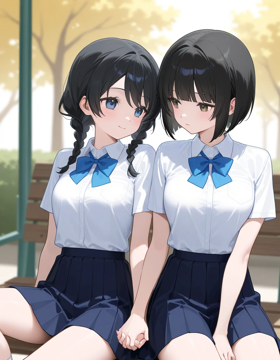 HIGH SCHOOL GIRLS、black hair、Two Girls、Duo、bob cut、braids、Park Background、Summer uniform、They're sitting holding hands、