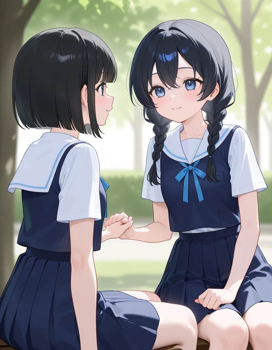 HIGH SCHOOL GIRLS、black hair、Two Girls、Duo、bob cut、braids、Park Background、Summer uniform、They're sitting holding hands、