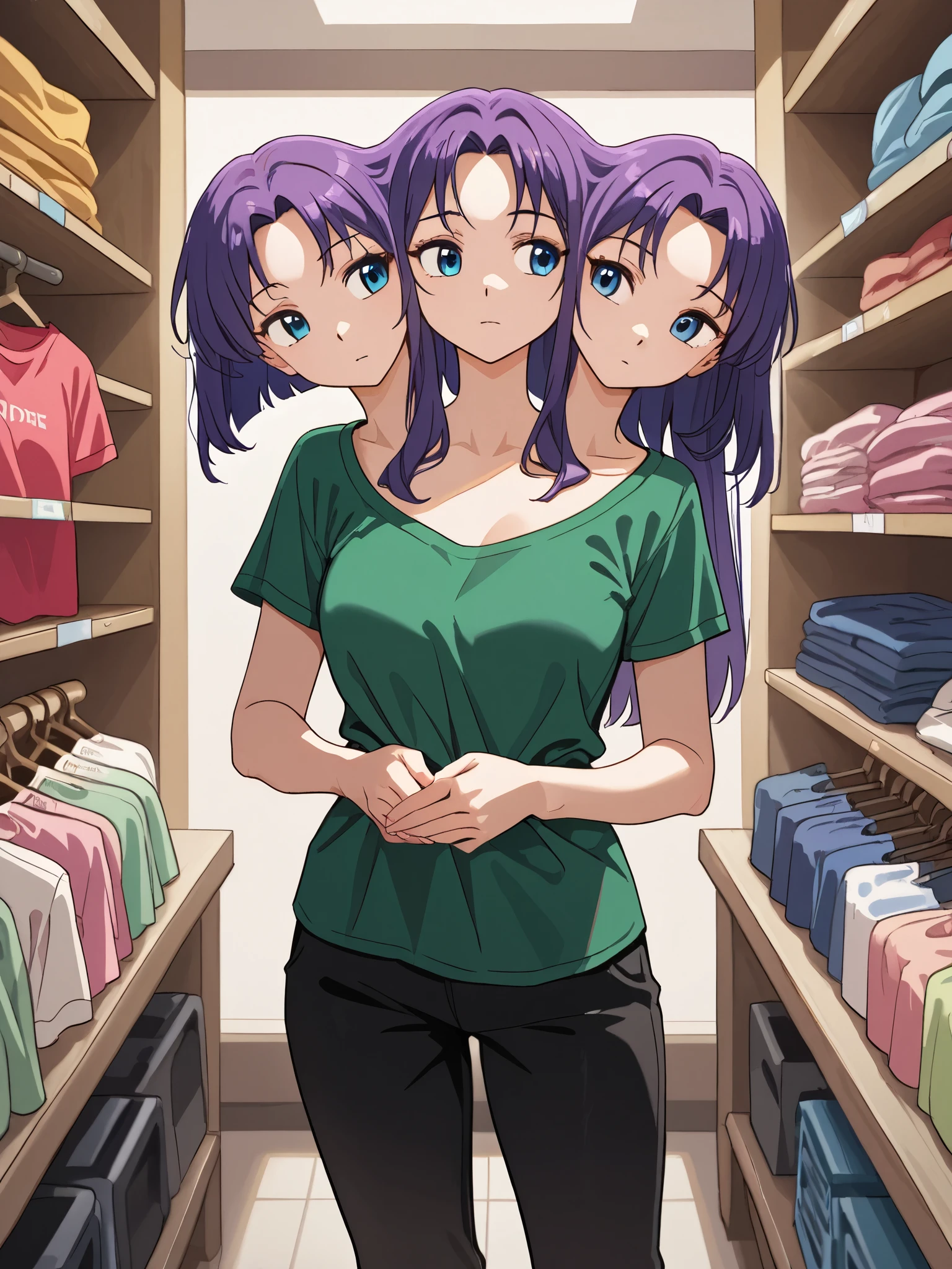 anime girl with three heads, conjoined, purple hair, blue eyes, contemplative, trying to decide what to buy, green t-shirt, black pants, shirt racks, clothes store