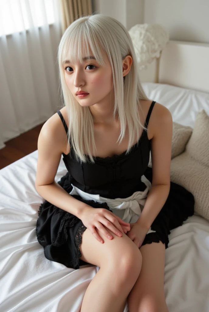 (Girl sitting on bed with legs apart:1.5、I can see her panties)、(Realistic、Like a photograph、Live Action、8k, Realistic, RAW Photos, Best image quality: 1.4), Single-lens reflex camera、RAW Photos, Highest quality, Realistic, Very detailed CG Unity 8k wallpaper, Written boundary depth, Cinematic Light, Lens flare, Ray Tracing, Realistic background、(Wearing a Gothic Lolita outfit:1.5、Detailed lace panties)、((Ultra-dense skin))、((whole body:1.5),Frowning、short hair:1.2、Silver Hair、I like that style、stylish、Very detailed、Pay attention to the details、Perfect outfit、(White skin)、Beautiful legs:1.1,Accurate body、Anatomically correct body、Detailed feet、Accurate fingering、Super detailed face、View from the front