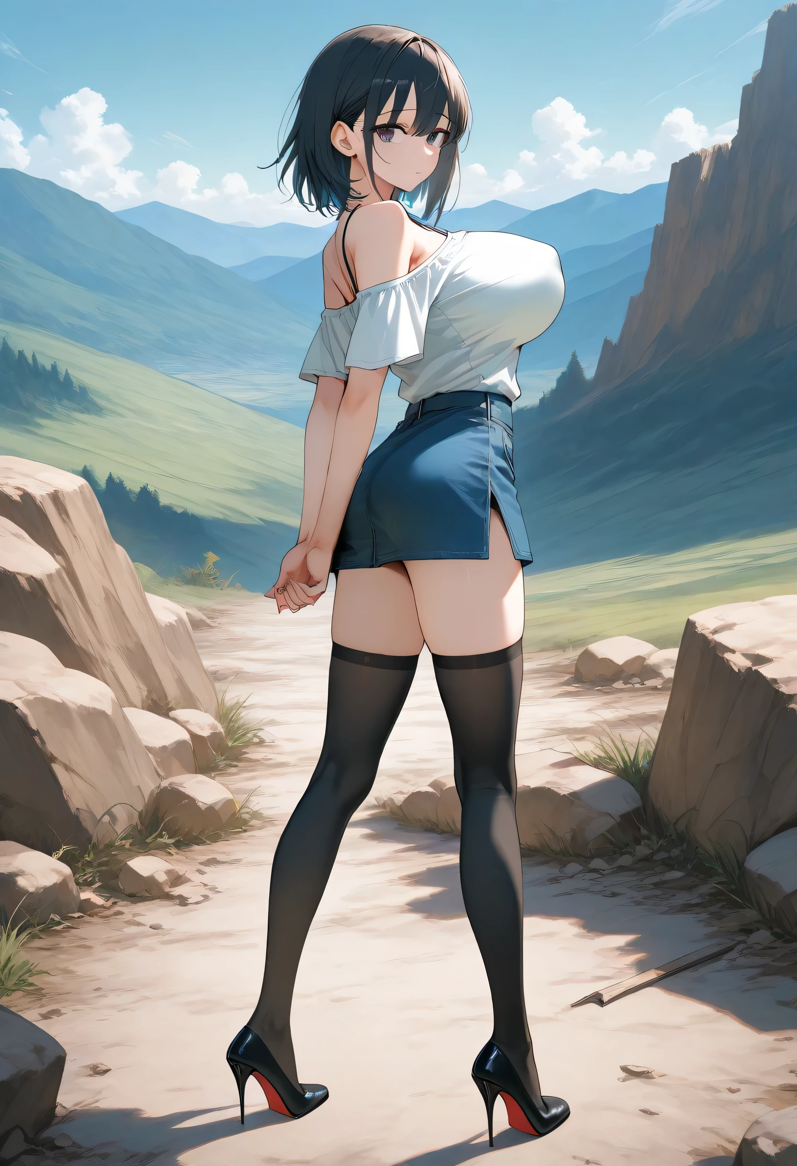 score_9, source_anime, landscape, BREAK, longtorso_v0.63_pony, perky breasts, coverd nipples, BREAK, solo, 1 skinny girl standing, arched back, arms down behind back, looking at viewer, BREAK, bursting huge breasts, too short torso, skinny legs, BREAK, off-shoulder shirt, too short skirt, black thighhighs, stiletto heels