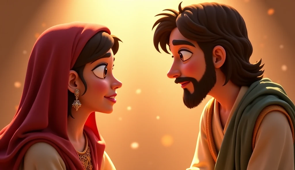 En un estilo Disney Pixar Crear un joven de piel blanca sonriente y regocijado normal size adulto vestido de túnica estilo tiempos bíblicos de pelo y ojos negros, and beard, marrying a white-skinned girl, normal size, beautiful, without hair earrings and black eyes ,in a biblical-style Jerusalem village, surrounded by guests all dressed in biblical-style robes. And the guests with hijab on their heads.
