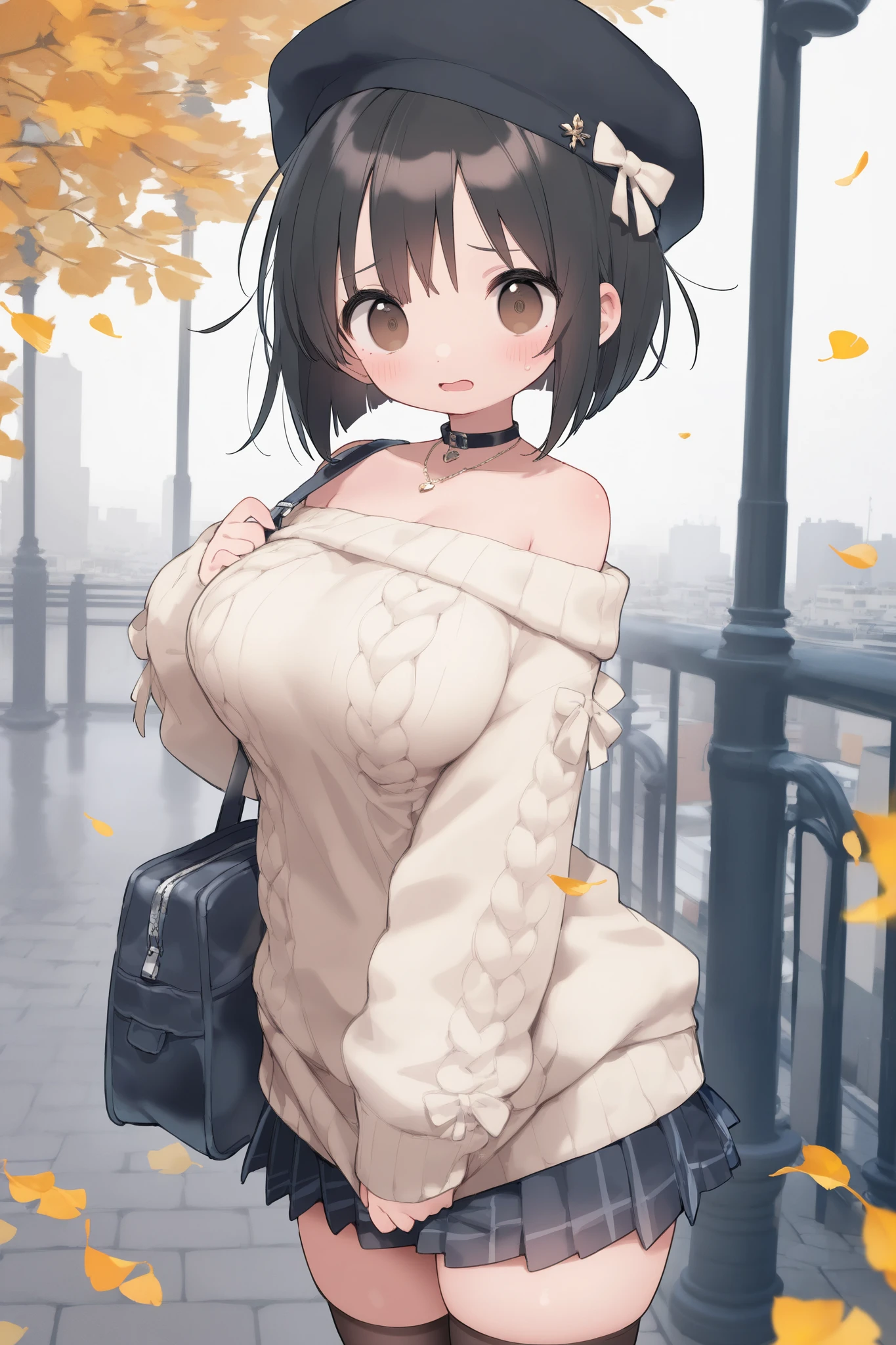 (masterpiece:1.2, top quality), (Beautifully Detailed Eyes: 1.2), ((1 beautiful girl)),(very detailedCG, very detailed), (so elaborate and beautiful:1.1), (perfect detail:1.1)dating、Close to viewers、side view、Open your mouth slightly、turn your gaze here、older、gentle smile full of love、embarrassing、one girl、 lori、black hair short bob hair、brown eyes、Oshitoyaka、Embarrassed、 dyes her cheeks、 fall coordination for fall foliage、お洒落で可愛いdating服、small cute shoulder bag、Wear a casket hat、big sweater、Very Short Miniskirt、pleated miniskirt、black thigh high stockings、Large breasts、thighs、standing、In the bustling city in clear autumn