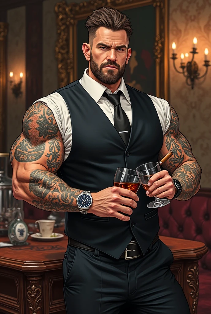 Realistic man with black hair and blue eyes and white skin color, he is elegant, tatuados, sem beard, Intimidating Enforcer, stark, brawny, closed, comely. He has a glass of whiskey in his hand.