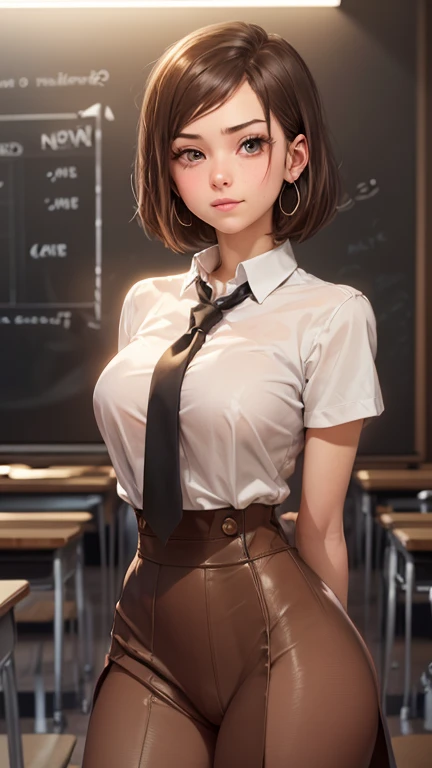 Photo of Ochako Uraraka as a teacher, teacher, teacher clothes, mini dress, tall and sexy, superb face, perfect body, provocative, Nice, show breasts, huge breasts, tall, sexy legs, bursting huge breasts, wide hips, busty, sexy, enormous breasts, happy, full body view.