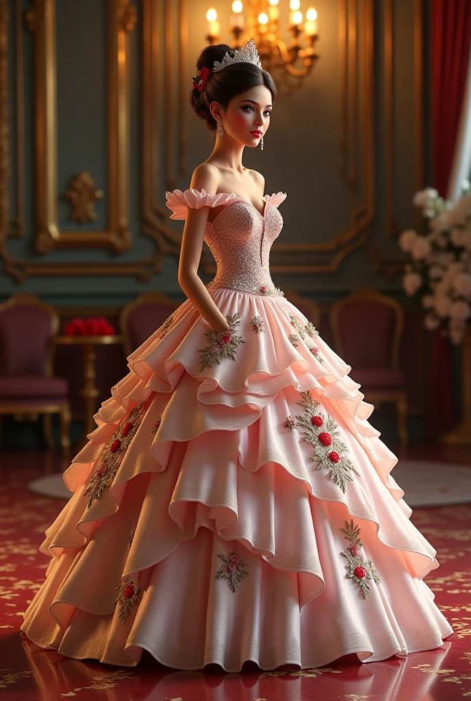 a hyper realistic photograph of a girl standing wearing a majestic light beige and gold ball gown dress, big beautiful dress, intricate puffy ball gown with lots of ruffles and rhinestones (Best quality, masterpiece, ArtStation, Fantasy Art:1.2), a palace room, a beautiful cute girl, (long white hair:1.1), (intricate short gold skirt, bare legs:1.2, full body shot)
