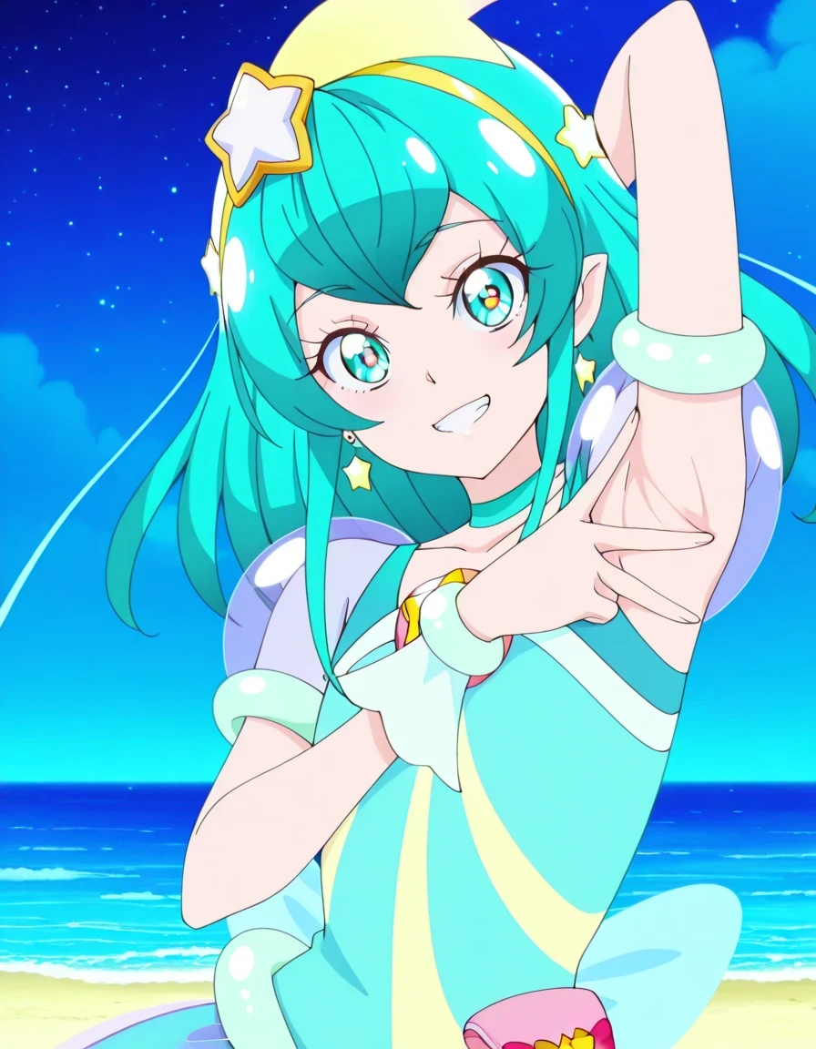 curemilky, anime screencap, high quality, closed mouth, solo, upper body, night sky, beach, hand behind head, v, spread armpit, presenting armpit, ((contrapposto)), looking at viewer, grin, best quality,
