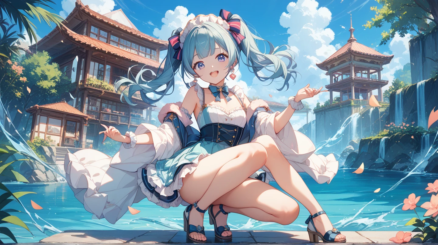 beautiful girl in a turquoise filter, 1 girl, sitting alone, wearing a brown robe, looking up, wide sleeves, closed mouth, long hair, cowgirl shot, cosmos field, sunny sky with clouds, best quality, 4k, 8k, highres, masterpiece:1.2, ultra-detailed, realistic, photorealistic:1.37, HDR, UHD, studio lighting, ultra-fine painting, sharp focus, physically-based rendering, extreme detail description, professional, vivid colors, bokeh