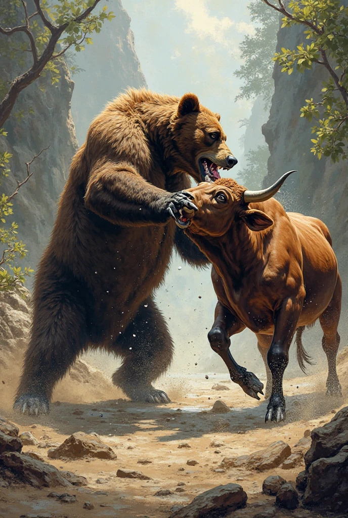 Aggressive Bear vs Bull with Realistic Aggressive Bull Paws 
