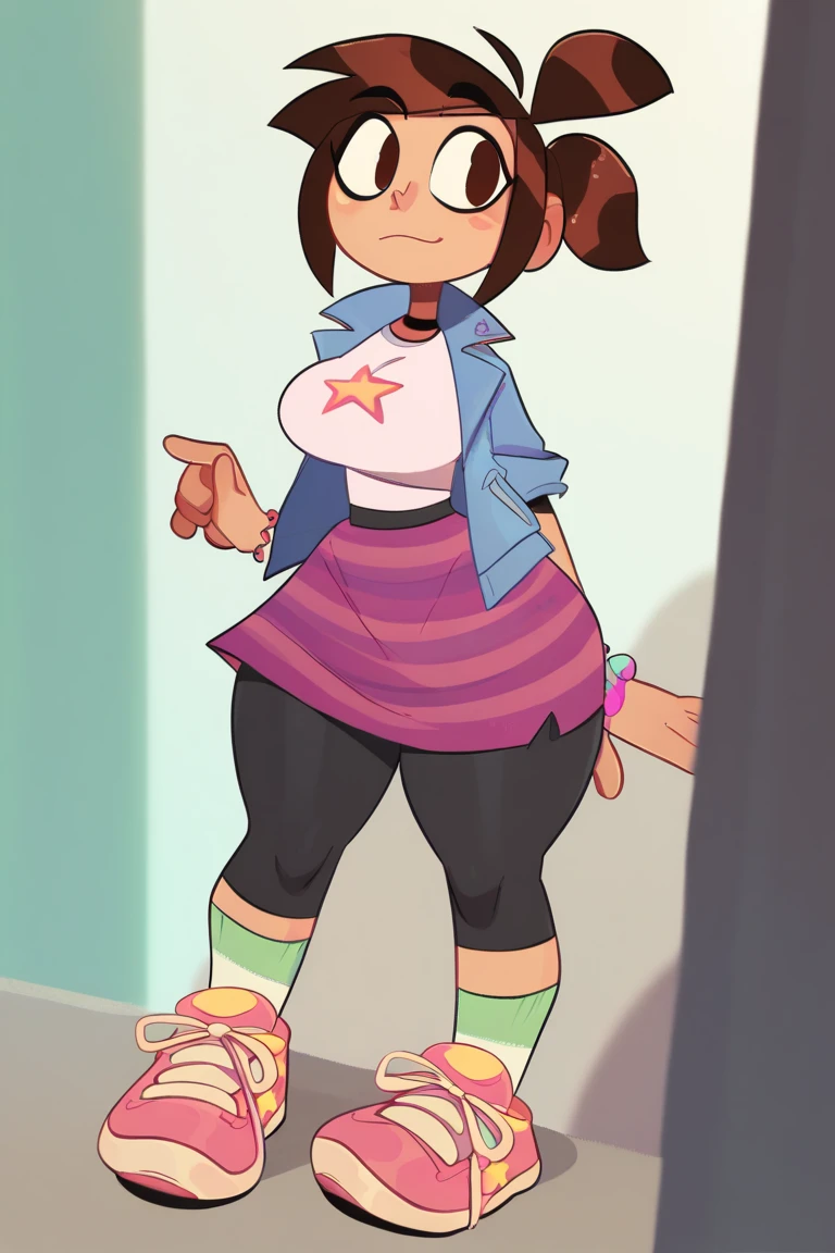 masterpiece, high quality, MabelPines, 1girl, brown hair, long hair, hair band, smile, braces, looking at viewer, sweter, skirt, skirt lift, pussy, shoes, star print