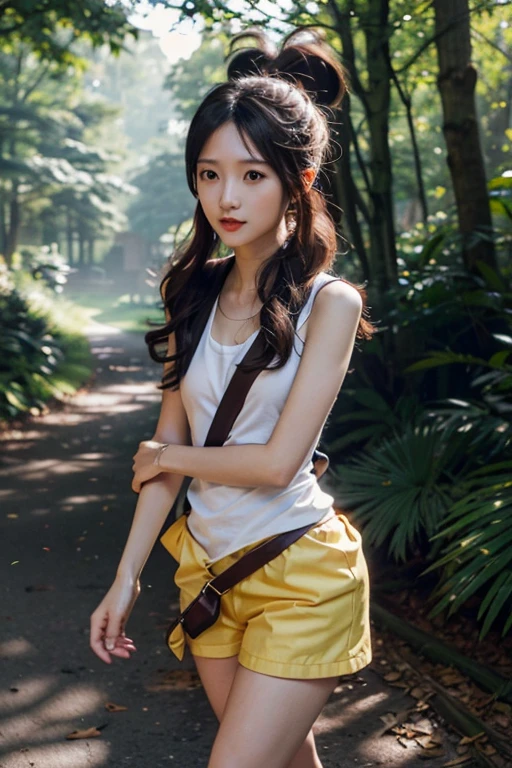 Chica linda como wang yiren, in jurassic park jurassic park with a little dinosaur.
