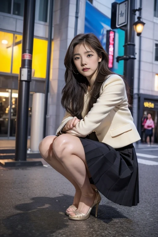 (8k, RAW photo, best quality, masterpiece: 1.2, realistic, photorealistic, high contrast, photon mapping, photonography, photorealistic, ultra-detailed, professional lighting, low angle: 1.2), (1 girl), (solo: 1.5), (full-body), (height is 165 cm), (18-year-old schoolgirl), (Shinjuku at night of Japan), (sidewalk), (Japan high school uniform), (dark blue blazer: 1.2) , (Short plaid skirt: 1.2), (White shirt for students), (Tie: 1.2), (Squatting looking at the front), (Crotch open: 1.2), (Light brown medium hair), (See-through wet white panties: 1.5), (Camel toe), (Black loafers: 1.2), (Beauty face: 1.2), (Perfect proportions: 1.2), (Long leg: 1.2), (Small breasts: 1.3), (Panties visible from under skirt: 1.5), (Detailed female pubic shape is clearly visible:1.4), (Pubic hair:1.4), (Without panties:1.2), (Textured skin)