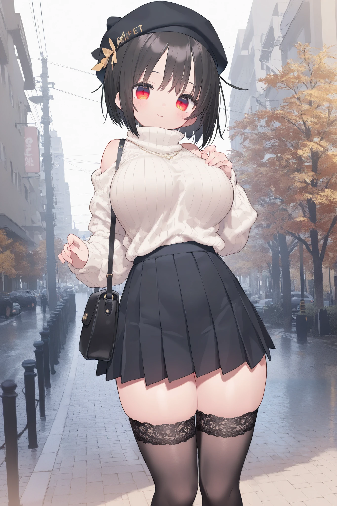 (masterpiece:1.2, top quality), (Beautifully Detailed Eyes: 1.2), ((1 beautiful girl)),(very detailedCG, very detailed), (so elaborate and beautiful:1.1), (perfect detail:1.1)turn your gaze here、older、Expectation、Empathy and squinting、gentle smile full of love、embarrassing、 lori、black hair short bob hair、Oshitoyaka、dye their cheeks red、 fall coordination for fall foliage、Stylish and cute date clothes、small cute shoulder bag、Wear a casket hat、turtleneck sweater、Very Short Miniskirt、pleated miniskirt、black thigh high stockings、Large breasts、thighs、standing、in a bustling city in clear autumn