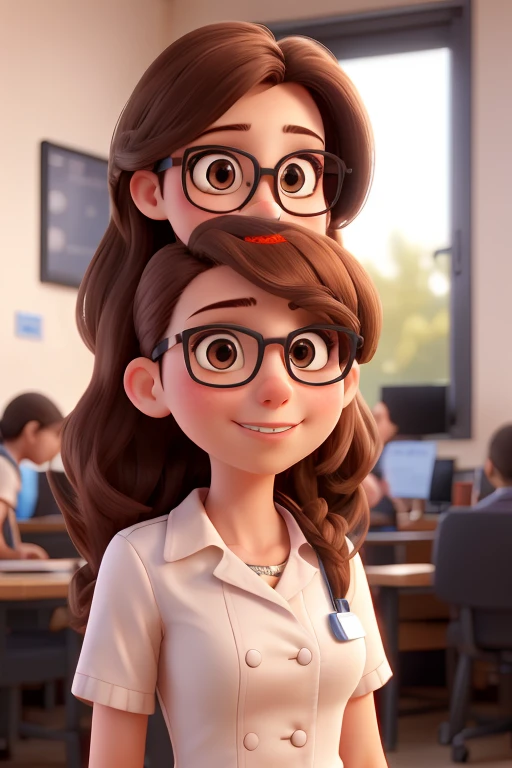 Brunette high school teacher, wearing a cropped white t-shirt ((best quality)), ((masterpiece)), (detailed), perfect face,big breasts