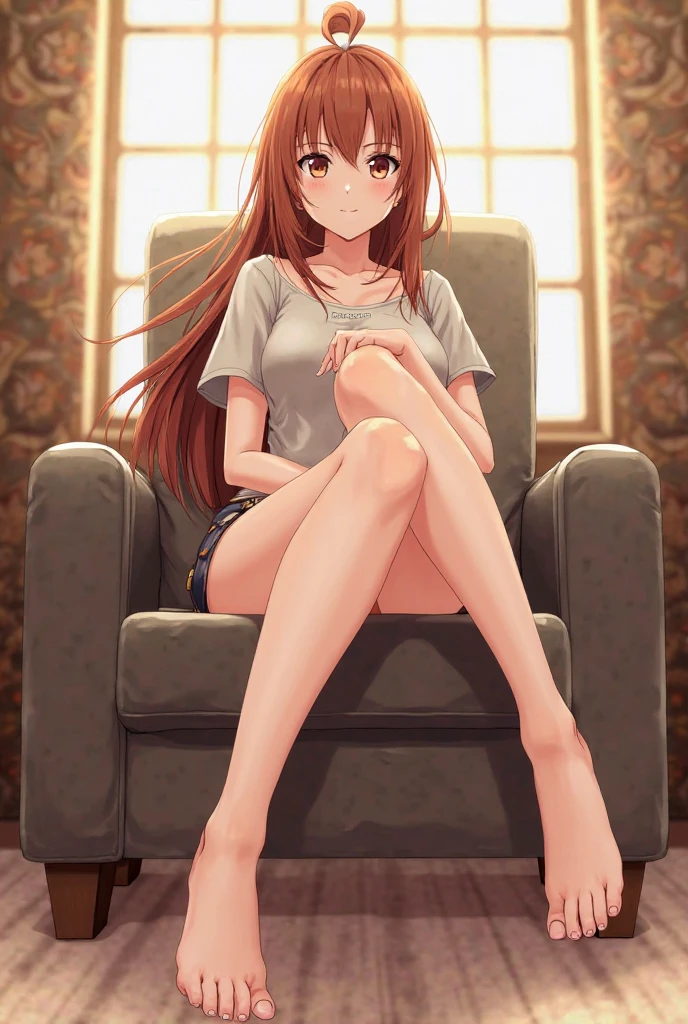 Chestnut Hair、Semi-long hair、Blushing、I can see her pantie-shaped legs、On the sofa、Coffee shop