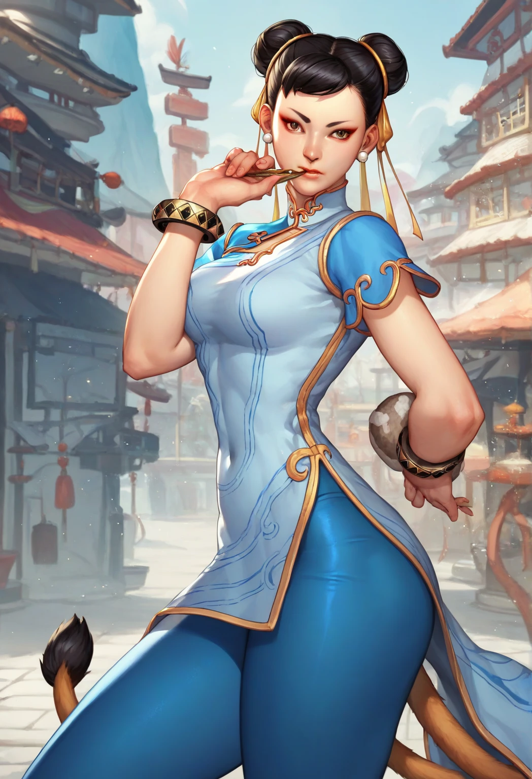 masterpiece, best quality, real picture, intricate details, 1girl, chunlims
Appearance: {milf, slender, small_breasts, slim, fit, lips, moisture lips}
Clothing: {chinese clothes, pelvic curtain, dress, pants, blue yoga pants, short sleeves}
Accessories: {bracelet, ribbon}
Hair: {hair bun, double bun}
Location: bustling cityscape, traditional chinese buildings. The sky is a hazy shade of blue. People hurry past, going about their day. The scene captures the energy and vitality of city life.