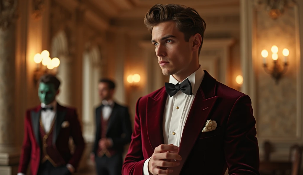 Create an image of a young man inspired by the characteristics of the rose 'The Prince.' The male model should be standing in a poised and regal posture, with one hand lightly touching his chin and the other resting by his side, evoking a sense of deep contemplation and elegance. He should be dressed in a deep, rich velvet jacket in dark red-purple or red wine, adorned with intricate embroidery and layered over a crisp white shirt, complemented by dark tailored trousers and polished black shoes. His clothing should reflect the complex, multi-petaled structure of the rose, with detailed textures and luxurious fabrics.

The composition should place the model slightly off-center, allowing for a view of a lush garden background with glossy green leaves and hints of blooming roses, creating a natural yet sophisticated setting. Soft, diffused lighting should be used to highlight the model's features and clothing, casting gentle shadows that add depth and dimension to the image. The overall atmosphere should be one of quiet intensity and refined elegance, with a subtle hint of romanticism.

The photo should be taken at eye level with a slight upward angle to emphasize the model's regal presence, using a medium-format camera like the Hasselblad H6D-100c for its exceptional detail and color accuracy. A prime lens with a wide aperture, such as the Zeiss Otus 85mm f/1.4, should be used to achieve a shallow depth of field, ensuring the model stands out sharply against the softly blurred background.

For inspiration, consider the works of photographers like Mario Testino, known for his ability to capture elegance and refinement in fashion photography, and Tim Walker, whose use of lush, dreamlike settings and intricate details would complement the theme perfectly. ((full-body image)), fashion sketching, realistic drawing, ((imperfect water color drawing background)), 