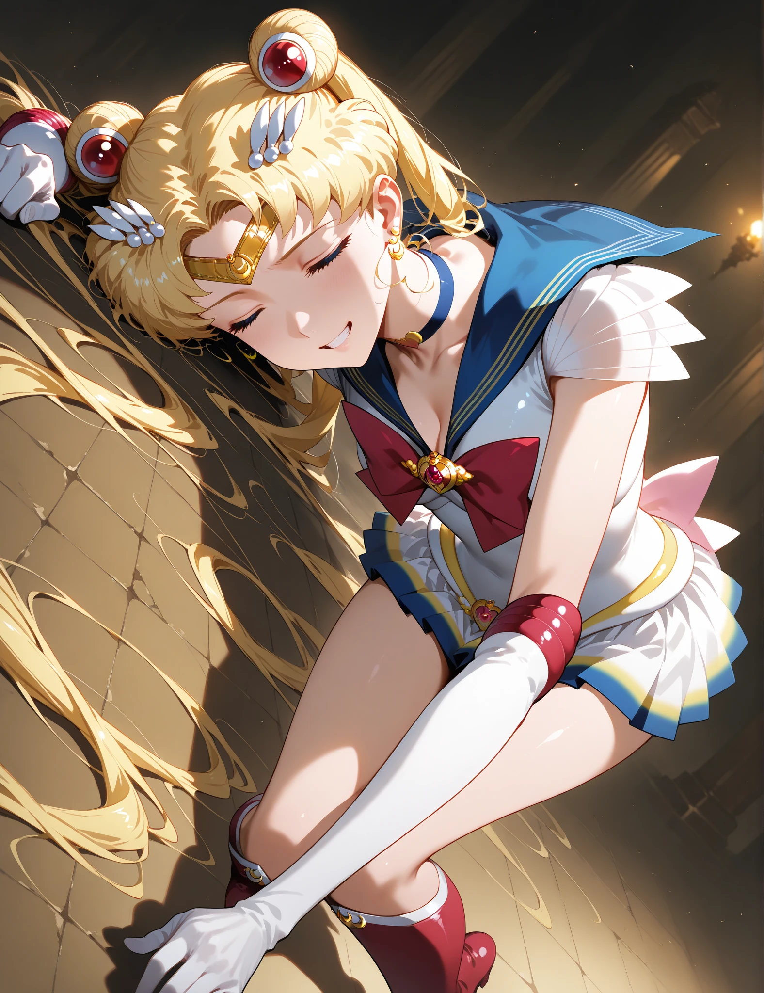 1 girl, solo, corpse, perfect anatomy, laying on ground, eternal sailor moon, masterpiece, best quality, highres, big breast, closed eyes, :o, unconscious, (torn clothes :1.2), nipples, sobbing BREAK red tentacles