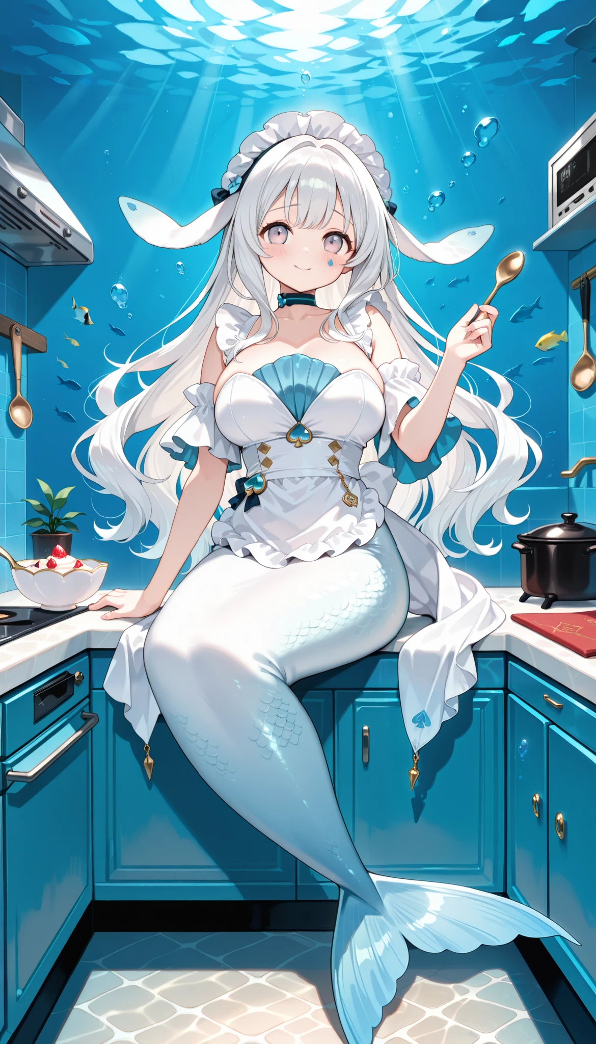 1 girl, Big Breasts , malice pawn march hare,alone, Smile,blush,White hair,shy ,white apron,(Underwater:1.2),kitchen,full body photo, masterpiece,most,Stunning Quality of Black Hair Powder,is very beautiful,Ridiculous,(full five fingers),mermaid,White mermaid tail,在kitchen做饭,Holding a bowl in your right hand,holding a spoon in your left hand,