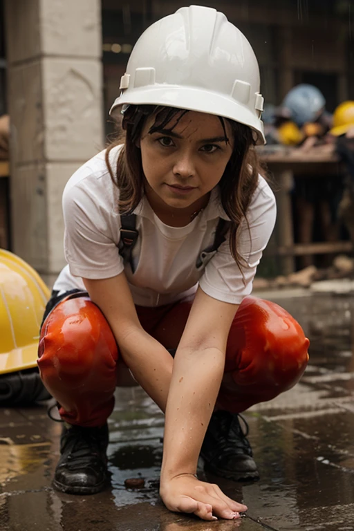 (medium full shot) of (lovely young woman:1.1) firefighter, spanish with wavy black hair, dark brown eyes, tan skin, slender, wearing Red fireproof coat with reflective trim, turnout pants with cargo pockets, firefighter helmet with chin strap, leather boots, portable radio, smiling at the viewer, making a heart sign with her hands, set in public Toilet, Hygienic, germ-resistant surfaces, touchless flushing toilets, automatic soap dispensers, sensor-operated faucets, disposable seat covers ,Masterpiece,best quality, photorealistic, amazing quality, very aesthetic, extremely detailed face,