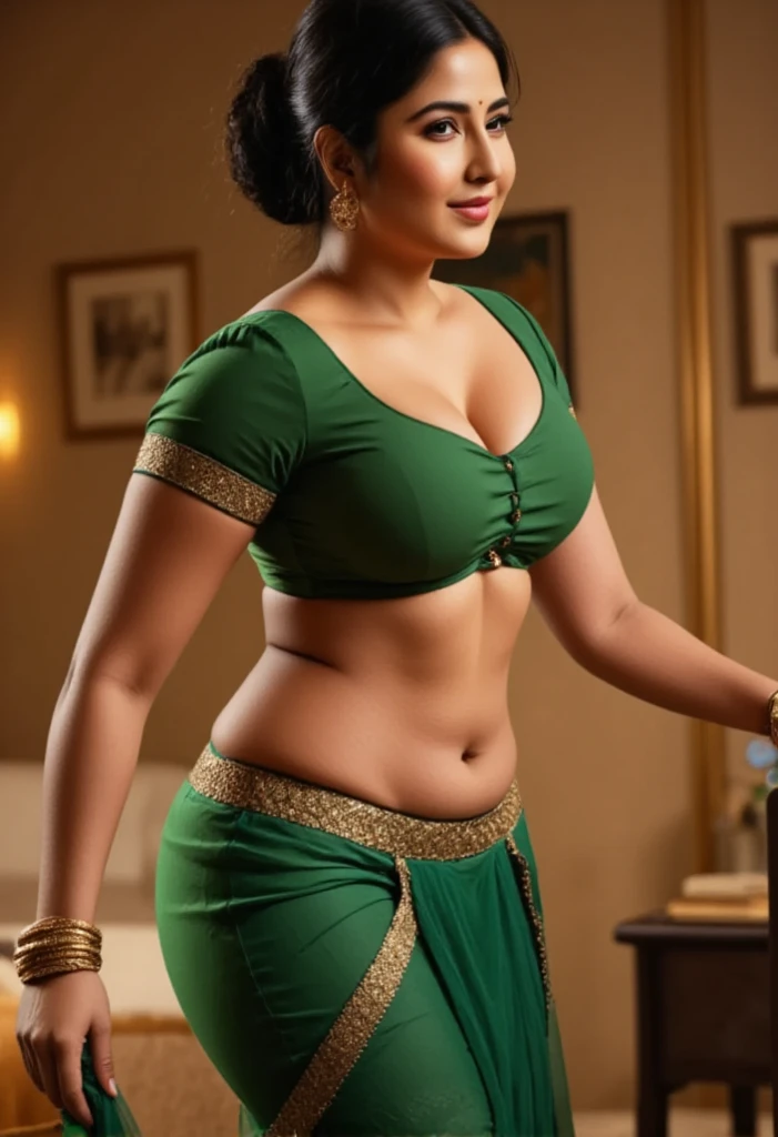 day scene, extreme close up photo of naked kiara from top view, hourglass figure, swooping breasts, deep cleavage, curvy, armpits, seductive eyes, look at viewer and subtle smile, posing in classroom with book, necklace, green saree, red lips, sultry, ponytail, (cinematic:1.3), intricate details, (ArtStation:1.2)