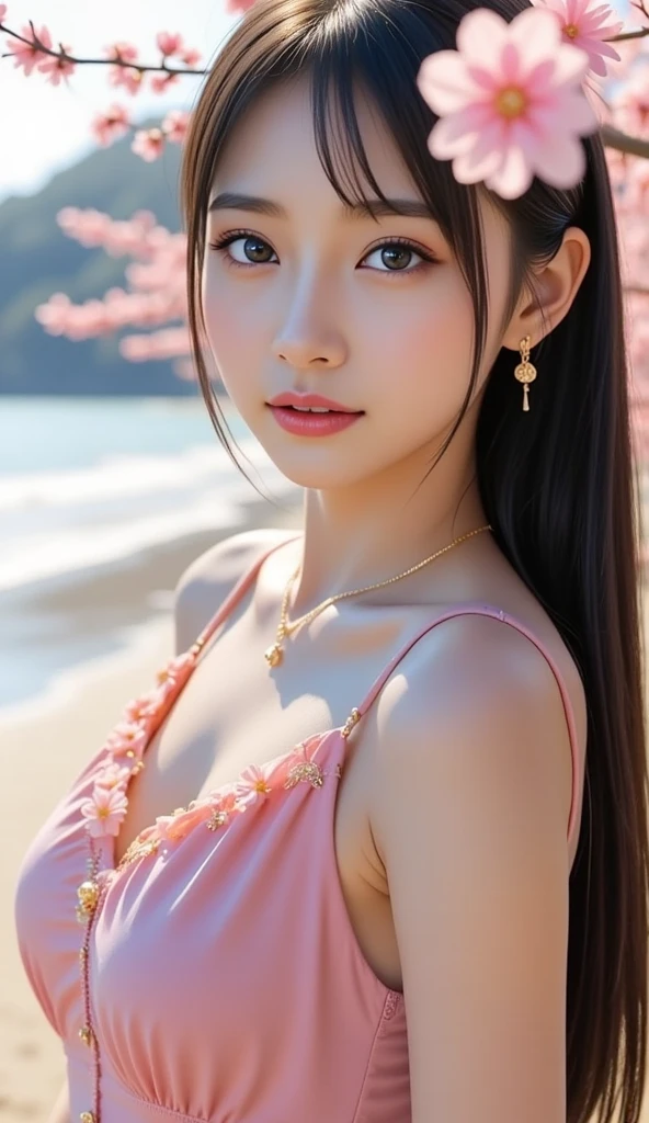a very beautiful Pakistan lady, black long hair, dancing on a beach, pink color bikini, B size medium chest, beautiful wide open chest, sunset, round and very cute face, very attractive and seductive slim body, neutral, hyper realistic photograph, full body, super high resolution