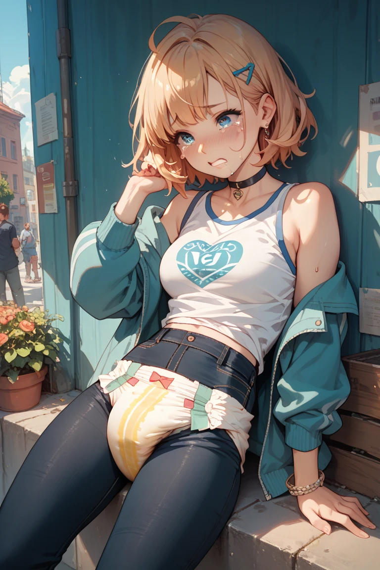 childish, high resolution、ultra-detailliert、(1 girl in:1.3)、Elementary school girls、 girl,,obese body,Chubby,M-shaped legs、Sky Precure pattern character print T-shirt,precure costume,Small, white, see-through, wet underwear,My pants are transparent because I peed my pants,4th grade elementary school student、(small ,chiquita,For 8 years old,Short stature),small breasted girl、M-shaped legs、Complex architecture、lush garden、and design a sense of peace and spirituality。Designed with fisheye effect images that capture a wide field of view with unique curved viewing angles。Panoramic cityscape、Dramatic skyline、Take a break to create a rooftop view in an environment with a sense of altitude。break 、 Squat and open legs,Good luck opening it so that you can see it again I need,Red, swollen genitals visible through the pants,Pee profusely while urinating,Pee pool,Pee coming out of genitals,flowing thin yellow urine,Illustrate images using pointillism、carefully arrange the dots of small color、Create a cohesive and visually stunning whole.