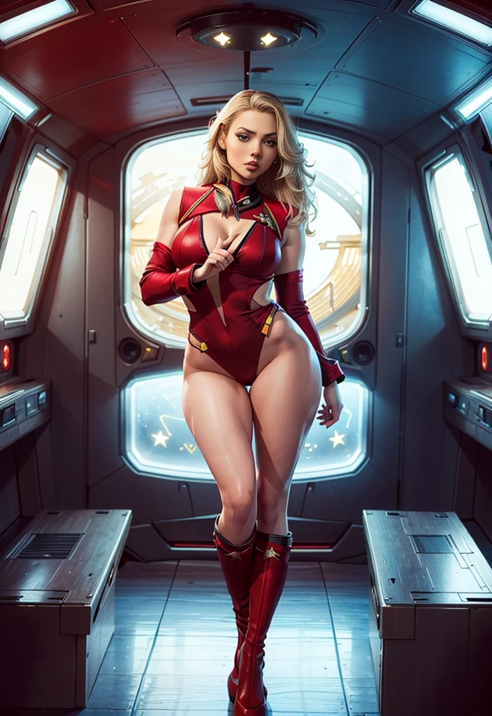 Beautiful woman with blonde blue eyes。Details of face。Beautiful double。Passed nasal muscle。plump lips。She fits snugly and is dressed in a metallic scarlet suit.。He has a transformation belt around his waist like a Kamen Rider.。Giant space battleship advancing in outer space on female background。8K image quality。Masterpiece.