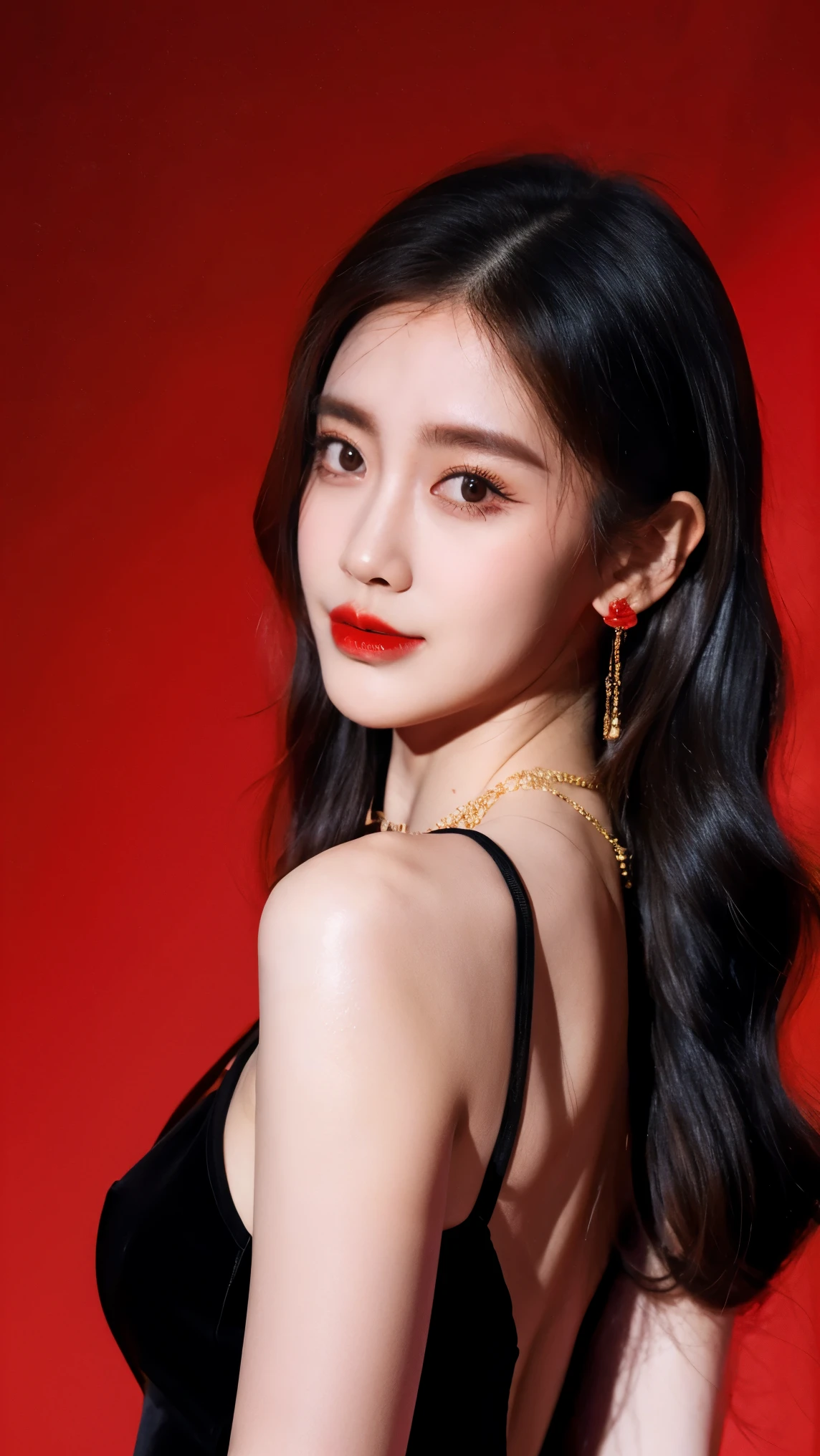 Ultra HD resolution,artistic photos,Photography,21year old girl,earrings,long hair,Red background,Black backless dress,necklace,E cup