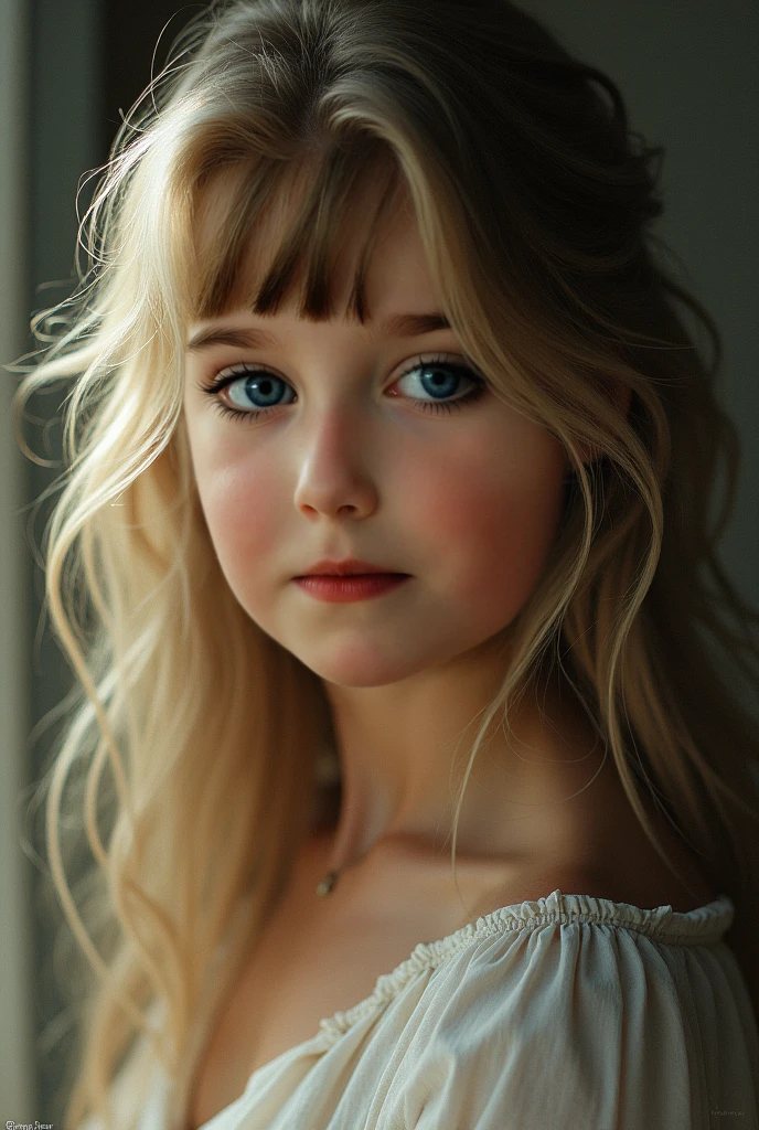 Russian style, girl children, photo studio white infinite background, close-up, bust, portrait, white panties, long blonde hair and giant white bow on head --auto --s2
