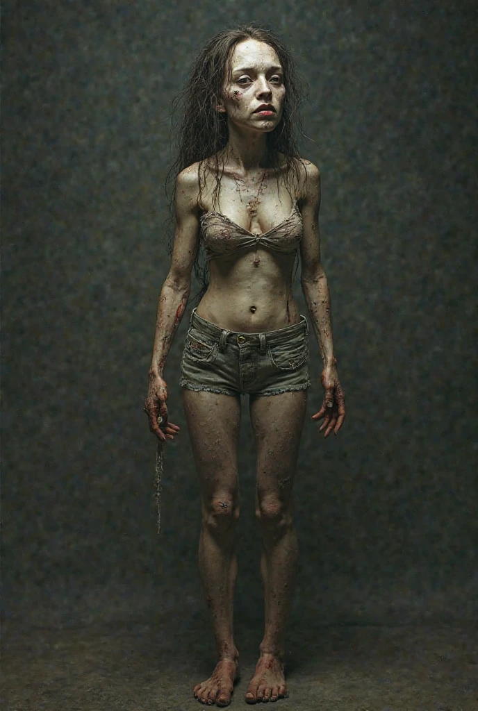 The picture shows one wearing used panties and a bra anorexic black woman with a zombie-like appearance, Under heavy drugs, Serious mental illness written on her face, Skinny body, prominent veins on her neck legs and hands, Sad, Sprayed with man's sperm on body Less than four percent subcutaneous fat, Post-apocalyptic world,, Only one woman in the picture, Ugly environment, Ugly scenery, Abandoned well-equipped operating theater circa 1920, Ruined room, Woman looking at camera, Woman in center of picture, Realistic, Spread legs, Extra thin legs