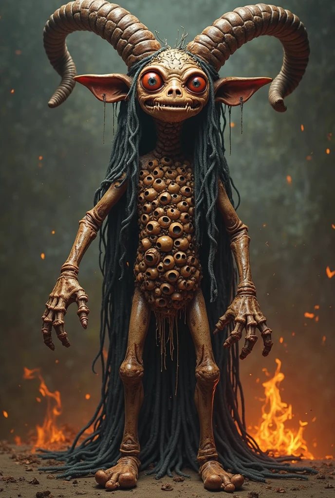 Demon of innocence, cunning humanoid creature with innocent glance, very sensitive skin and long curly fingers, desire to express interest, his eyes are lit up, strange, features of human and some unknown snail, (antique clothes in style of Salvador Dali), trending on artstation, hyperrealism, james jean, dark brown background with unknown dark black wavy hand-alike symbols, baroque, rococo