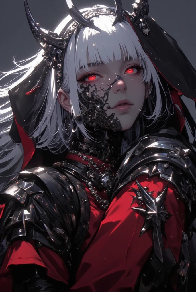Girl of the Abyss, Red eyes, Gray Hair, Fantasy, Covered in blood, [Blood splatter], (Lock) , Deep Abyss, Bloodbath, Cold Heart, (masterpiece), (Highest quality), Perfect details, Epic visual novel cover, Detailed face, Perfect Eyes, 