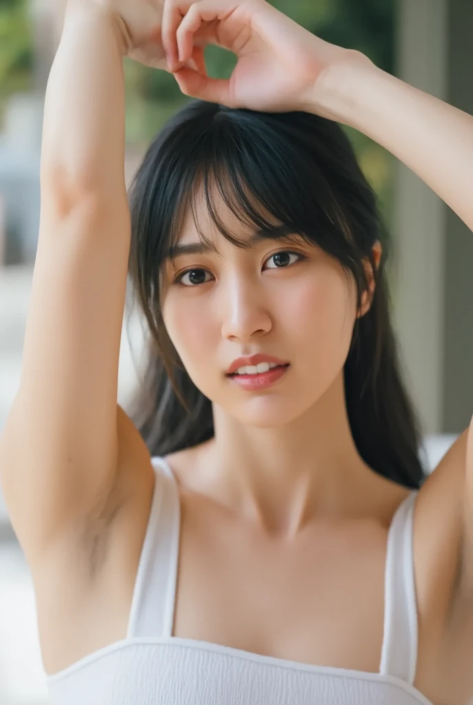 RAW images, 16k, color, images, (only for 1 girl), beautiful face, very detailed face, very detailed eyes, very high quality neck, beautiful hair, very detailed hair, high quality hair, very detailed skin, very detailed skin, very high quality legs, very beautiful legs, (very detailed armpits), very high quality armpits, ((armpit fetish)), ((ultimate high quality armpits: 1.3)), recessed armpits, ((((Dimpled armpits)))), ((((Deeply wrinkled armpits)))), ((Pigmented armpits))))), {{{Heavily pigmented armpits}}}, ((Deeply wrinkled armpits)), Pigmented armpits, (Shorts), Saggy,long hair