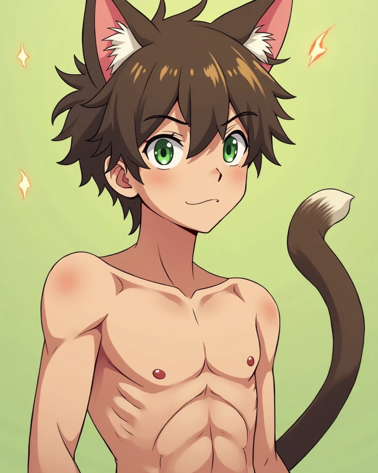 Highres, Masterpiece, Best quality at best,Best Quality,hight quality, hight detailed, Anime style, (s), (Showing armpit:1.3), Red hair, fluffy hair, Navel piercing, Earring, Loincloth Shirtless, Topless, Bare chest, elbow covered, Slim body, choker, Cat ear, cat tail, upper body, sweat, Blurry beckground, Tribal, Jungle, (very thin body), (very young boy), (very small and short body), uhd