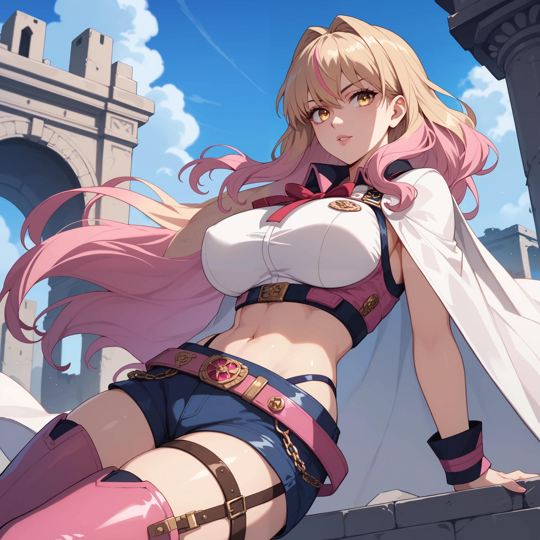 " Suzuka Gozen , She has blond hair with pink tips , shiny golden eyes , She wears modern and stylish adventurous attire: a tight, reinforced top that highlights her figure, with leather accents and utilitarian straps. Her shorts are sturdy, with multiple pockets and belts , tall boots designed for combat and mobility. A light cape billows behind her, adding a heroic touch . his weapon, a uniquely designed bow with magical technology, rests on his back , ready for action . The illustration is in a fantasy setting, with ancient ruins and a blue sky in the background, evoking an epic adventure." big breasts.