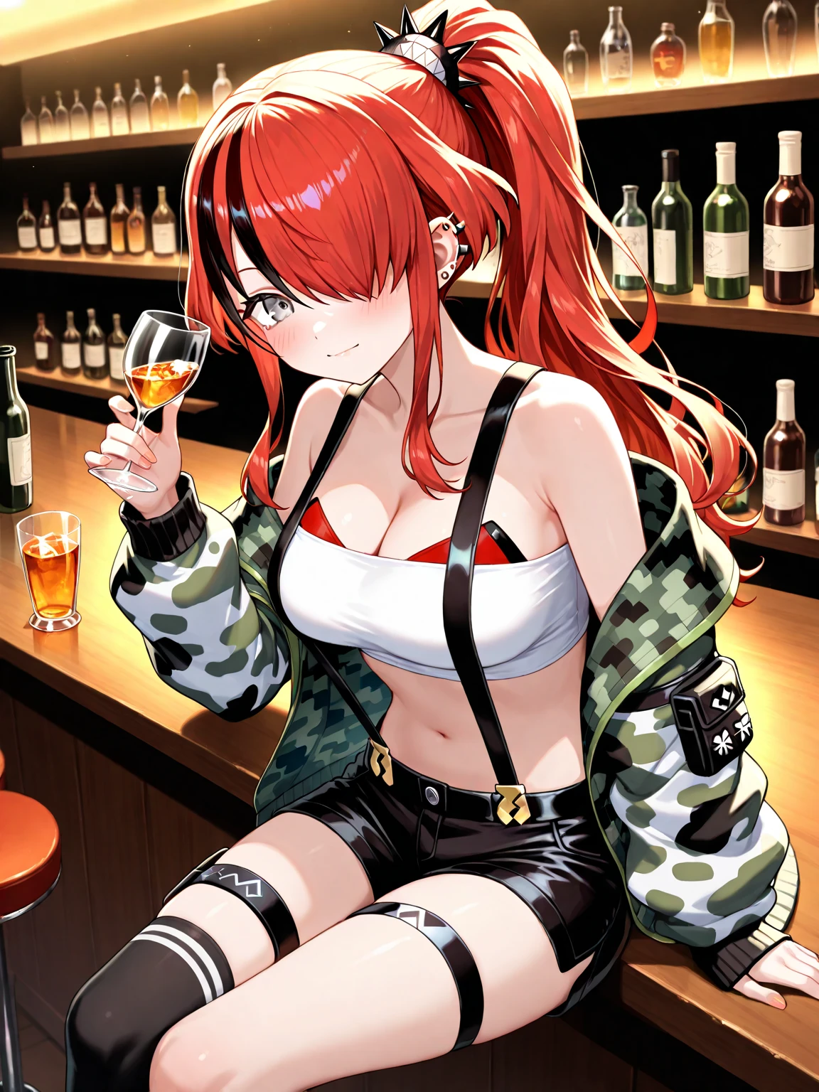 {sarina_shizukume_mahoushoujosite:1.15}, red_hair, twintails, red_eyes, long_hair, anime_coloring, brown_eyes,medium breast, choker, necklace, lipstick, blush, Hot girls, baddie, staring, glaring, bad attitude, mean girl, crazy, smoking, sensual, attractive, bar background, inside bar, indoor, masterpiece,high quality,4k, bare shoulder,belly,crop top,holding pistol,cleavage,casual dress, bar background, inside bar, indoor,smile, open mouth, (nsfw) not safe for work, evil expression, exposed belly, exposed navel, exposed midriff, exposed lower belly, crop top overhang, underboob,jacket, unbuttoned jeans , low rise black jeans, Low rise jeans, Low rise jeans with open fly,