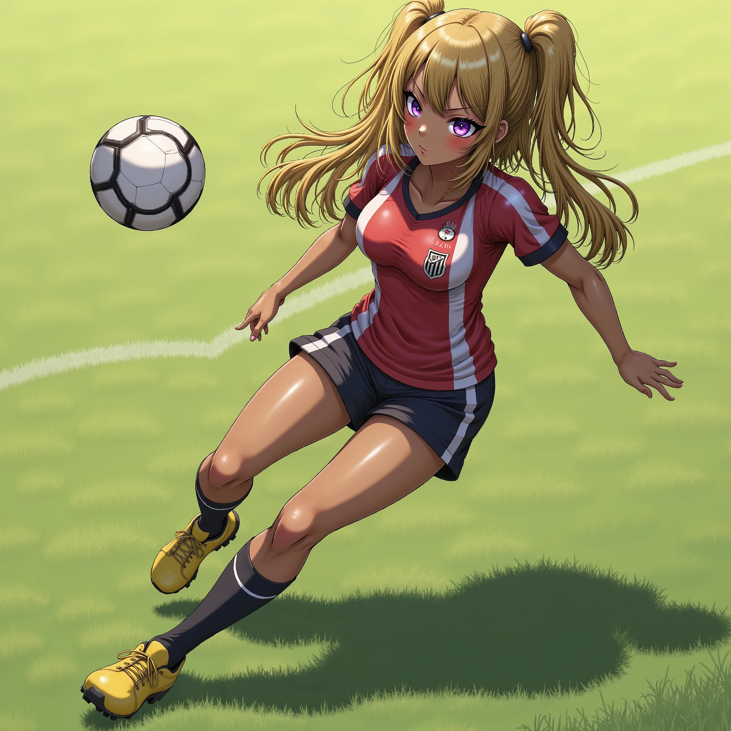 1 professional soccer girl :(Raiko-chan),  textured brown skin  , top quality,      movie light effect , anime、soccer player who got creampied on the grass、Yellow soccer shoes、Serie A、Fast dribbling 、Elasico