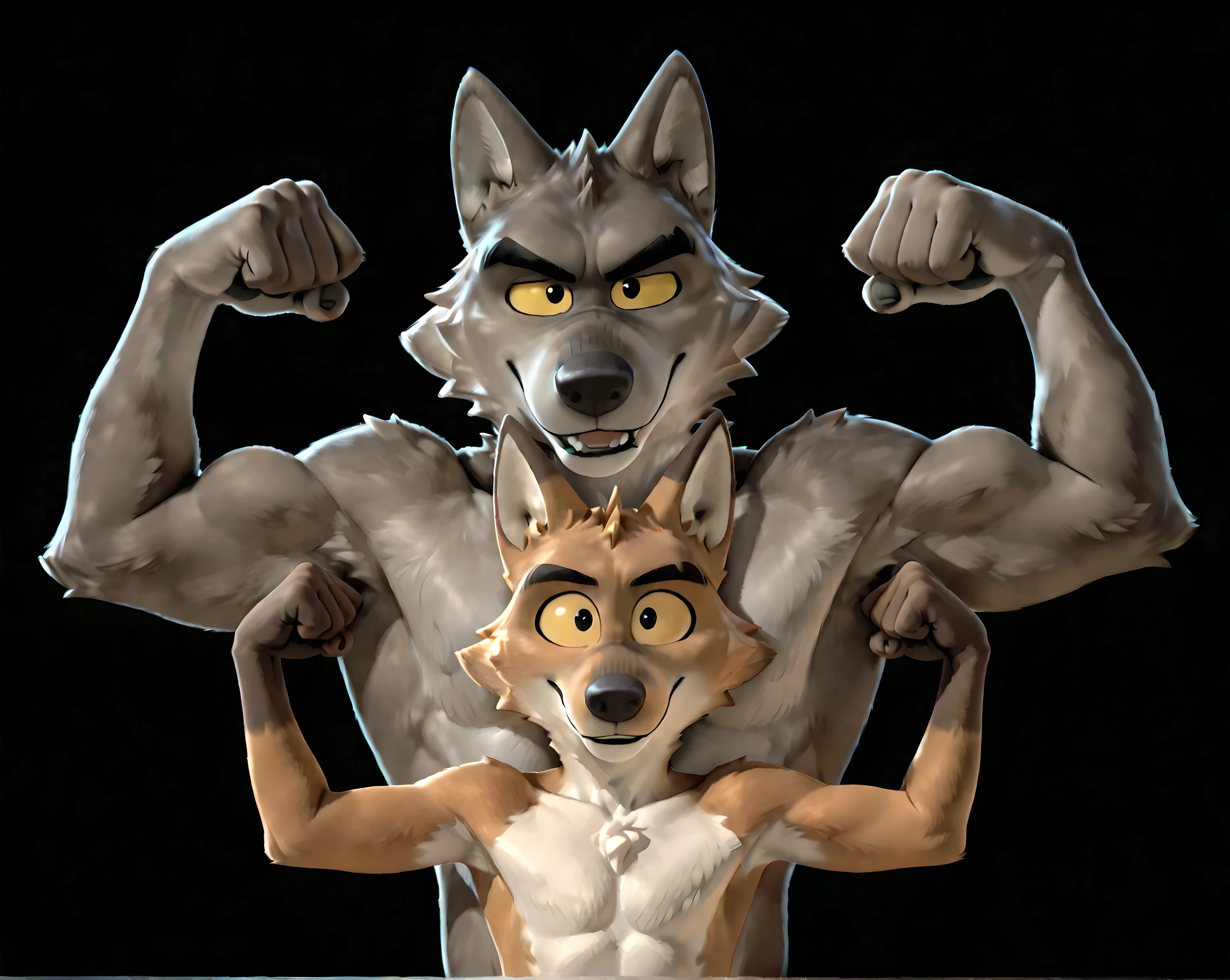 MrWolf, 2boys, two characters, mature male, anthro, wolf, grayish brown body, black eyes, yellow sclera, colored sclera, animal ears, broad shoulders, athletic build, light underbelly, thick eyebrows, shirtless, furry body, (eyes half open), fox, anthro fox, simple background, black background, size difference, wolf is bigger, flexing together, flexing, flexing biceps, wolf has thick arms, looking at viewer