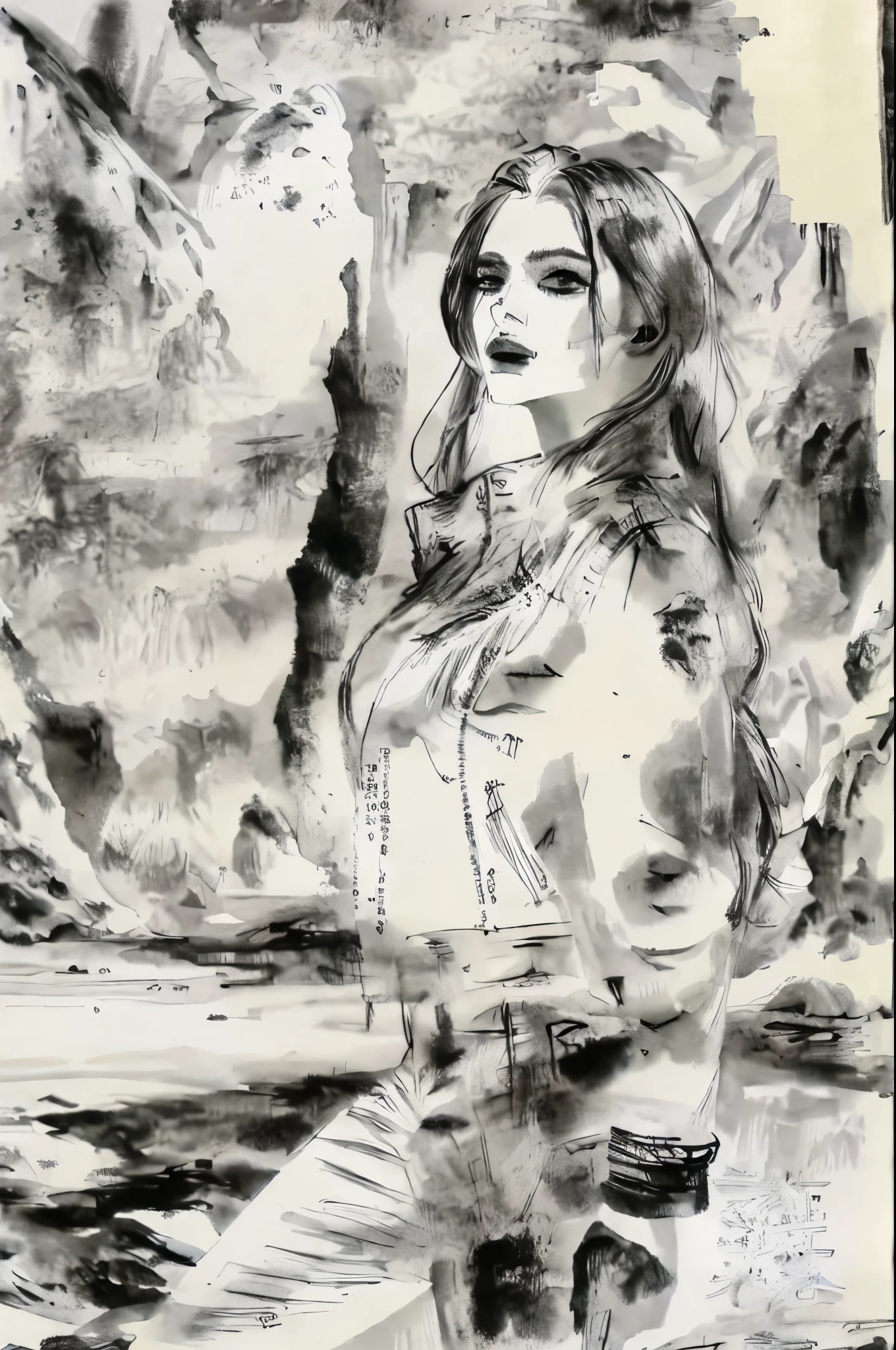 black and white tones, masterpiece, best quality, tradition chinese ink watercolor paintings, use thick and light inks to create light and dark changes and layers, a beautiful 20s russian model, ultra detailed face
